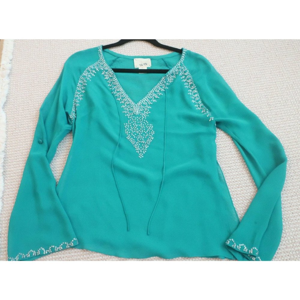 Green beaded Ya-Ya Bergdorf Goodman Silk Blouse Top Tunic P XS